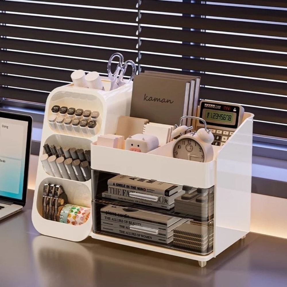 【限時購】一體是桌面文具分類抽屜ins風收納盒（34.2*17.5*25cm-白色）-細節圖3