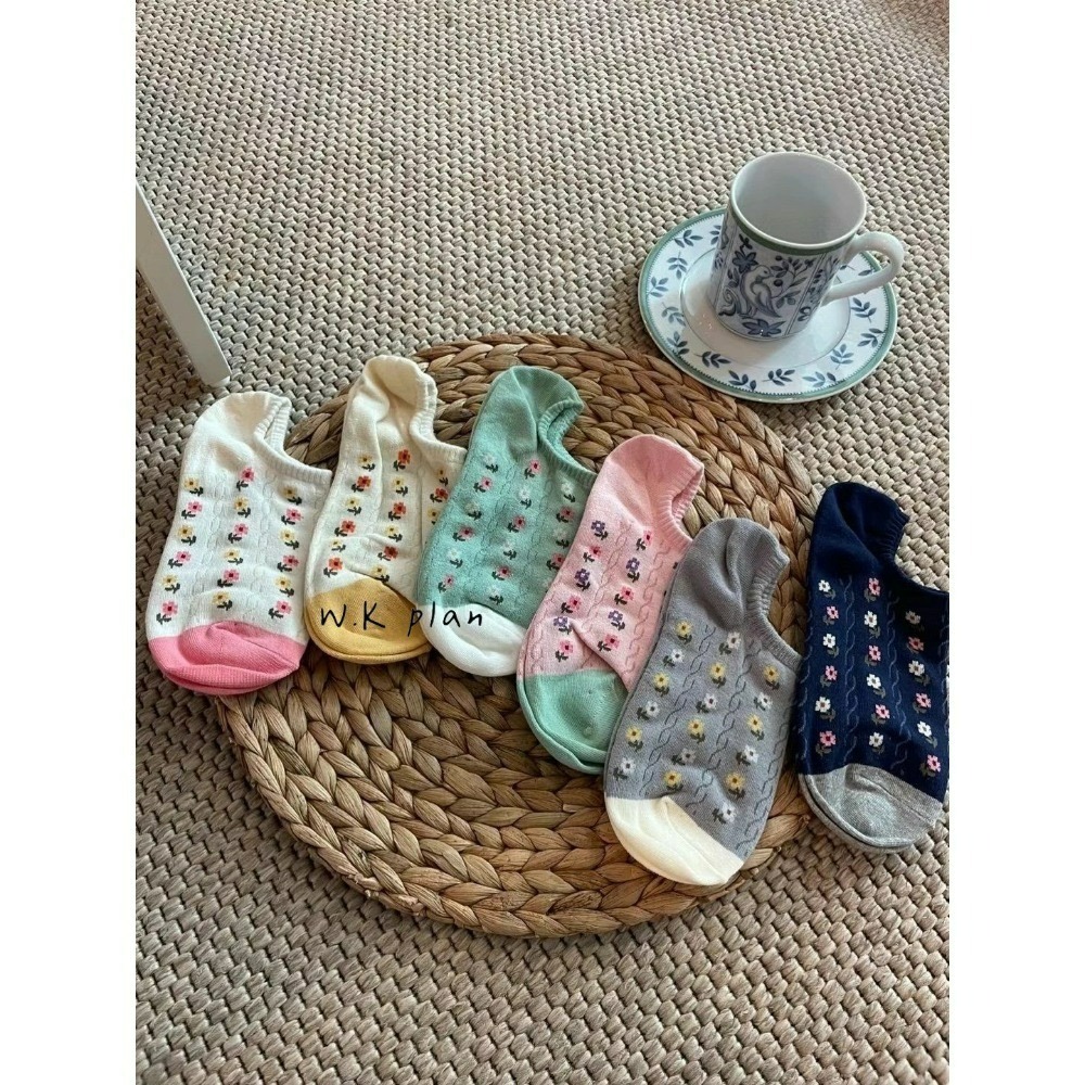 【W.K】韓國2024春夏新款拚色小花船襪-細節圖2