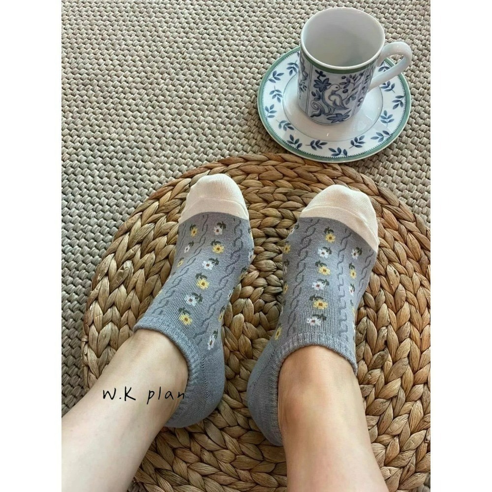 【W.K】韓國2024春夏新款拚色小花船襪-細節圖4