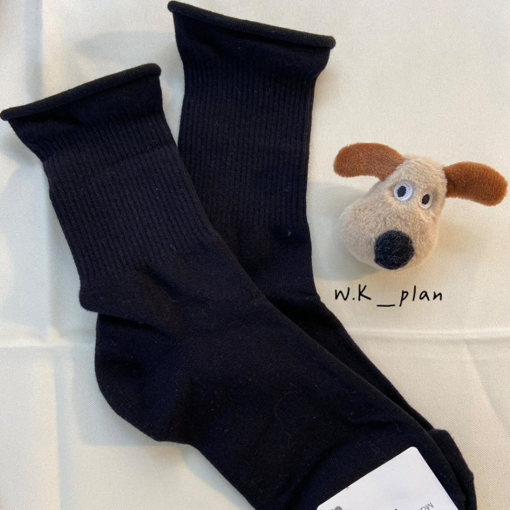 【W.K】素色捲邊中筒襪-經典黑白-細節圖2