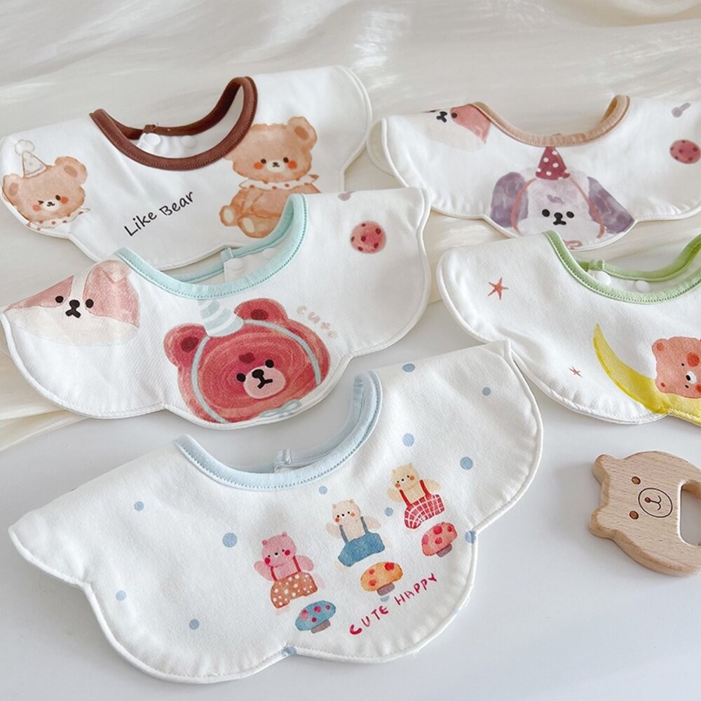 3入 小熊 純棉圍兜 圍兜 韓系圍兜 寶寶圍兜 嬰兒圍兜 圍兜兜 水洗口水巾 口水巾 寶寶口水巾 純棉 造型圍兜-細節圖2