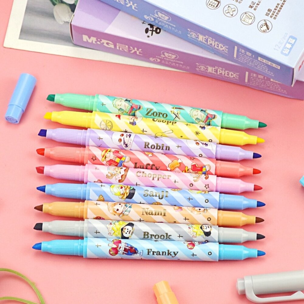 航海王 海賊王 雙頭螢光 柔和色 螢光筆 記號筆 彩色筆 重點筆 畫線筆 文具 筆記 事務用品 卡通 螢光 細螢光 魯夫-細節圖2