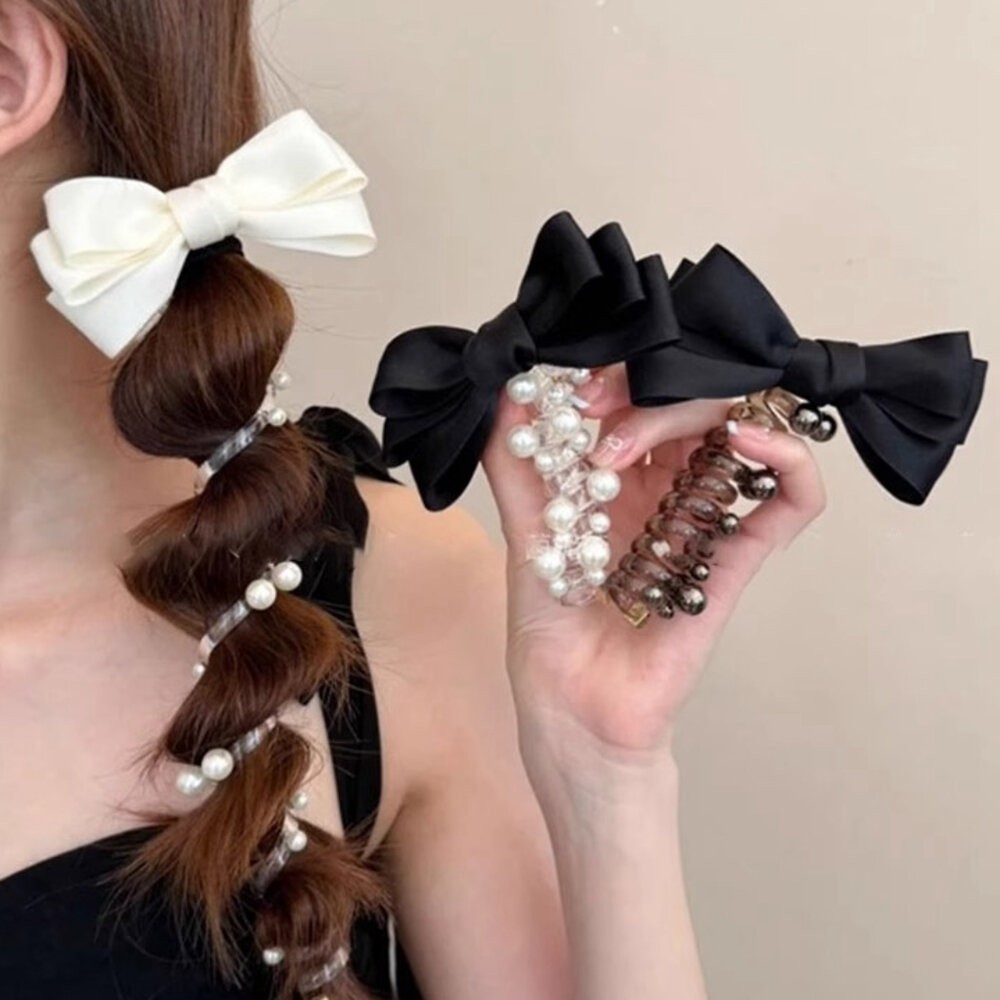 蝴蝶結 泡泡辮 泡泡辮頭繩 電話線 髮圈 馬尾 編髮神器 辮子神器 珍珠 氣質 馬尾編髮 直條電話線髮圈 扎頭繩-細節圖3