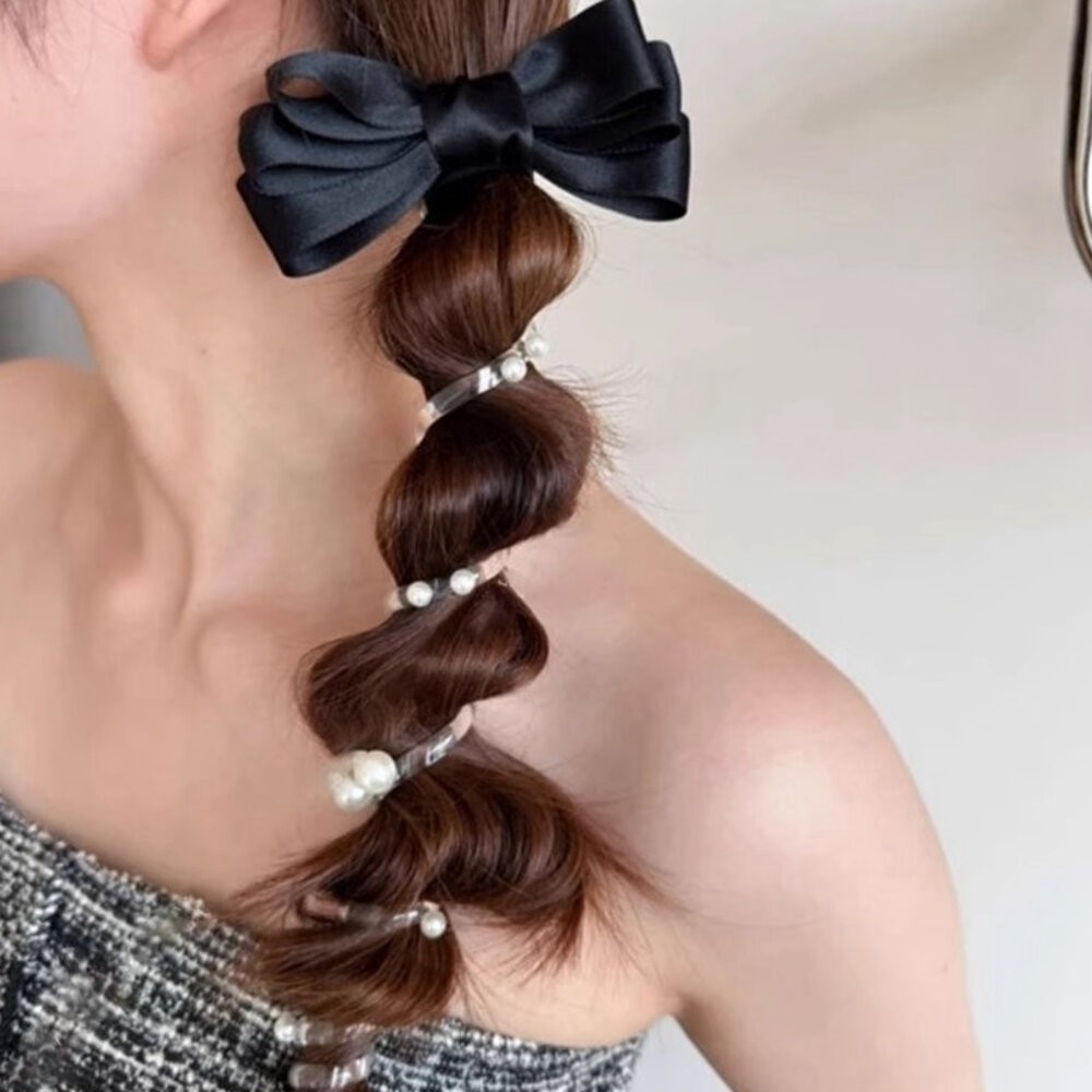 蝴蝶結 泡泡辮 泡泡辮頭繩 電話線 髮圈 馬尾 編髮神器 辮子神器 珍珠 氣質 馬尾編髮 直條電話線髮圈 扎頭繩-細節圖5