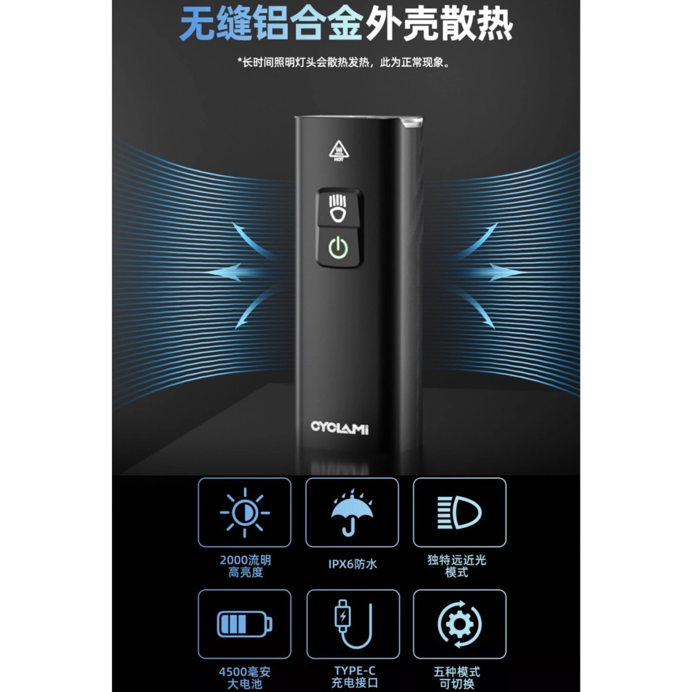 友騎 2000流明前車燈 21700電池，容量4500mAh  Type-c充電 鋁合金外殼散熱快 IPX-6防水等級-細節圖5