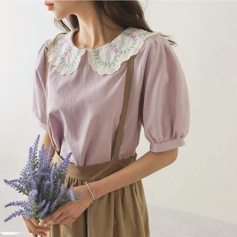 預購 正韓 小花刺繡領五分包袖上衣-06/15截止-細節圖3