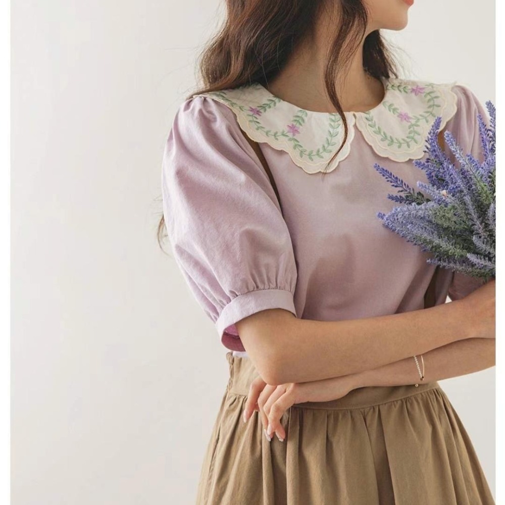預購 正韓 小花刺繡領五分包袖上衣-06/15截止-細節圖4