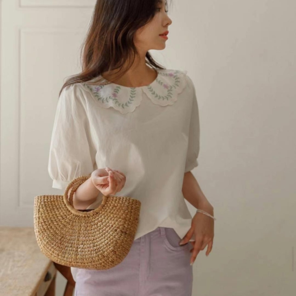 預購 正韓 小花刺繡領五分包袖上衣-06/15截止-細節圖5