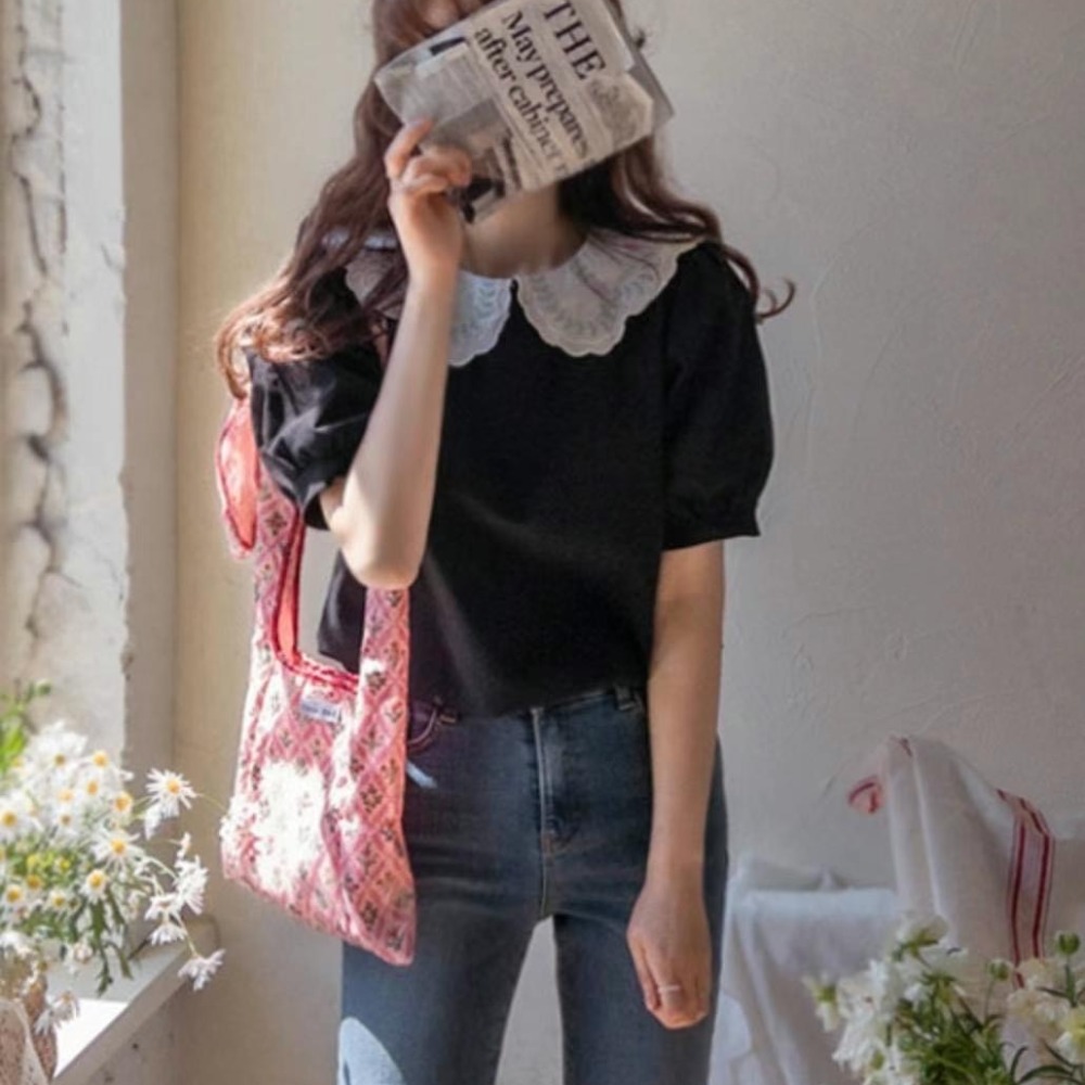 預購 正韓 小花刺繡領五分包袖上衣-06/15截止-細節圖6