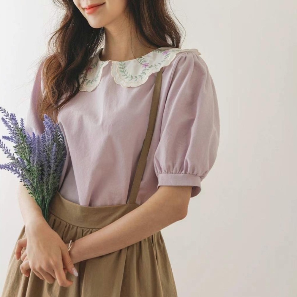 預購 正韓 小花刺繡領五分包袖上衣-06/15截止-細節圖8