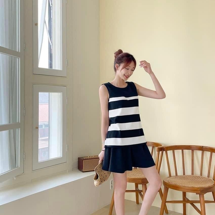 預購 正韓 𝑨字寬條背心➕腰鬆緊散擺短褲𝑺𝑬𝑻套組-06/10截止-細節圖2