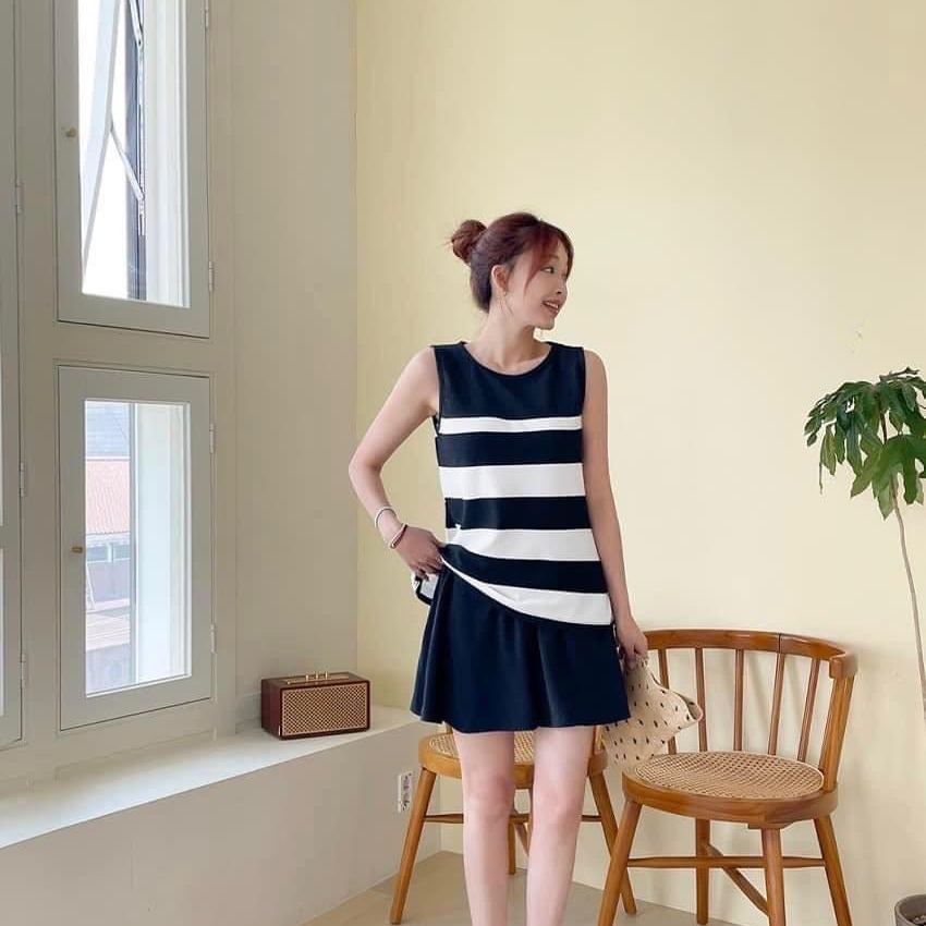 預購 正韓 𝑨字寬條背心➕腰鬆緊散擺短褲𝑺𝑬𝑻套組-06/10截止-細節圖3