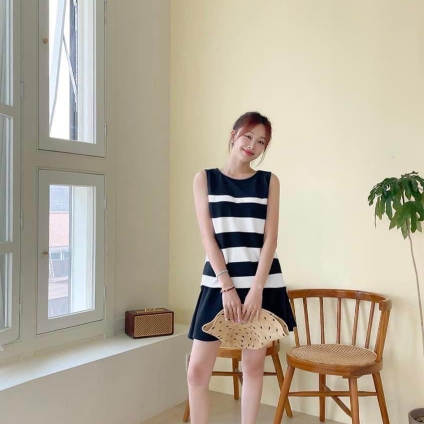 預購 正韓 𝑨字寬條背心➕腰鬆緊散擺短褲𝑺𝑬𝑻套組-06/10截止-細節圖4