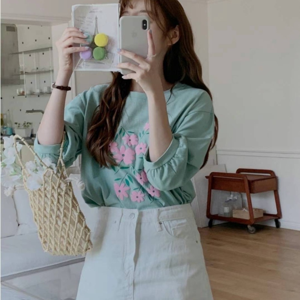 預購 正韓 小花印花五分包袖上衣-06/20截止-細節圖5