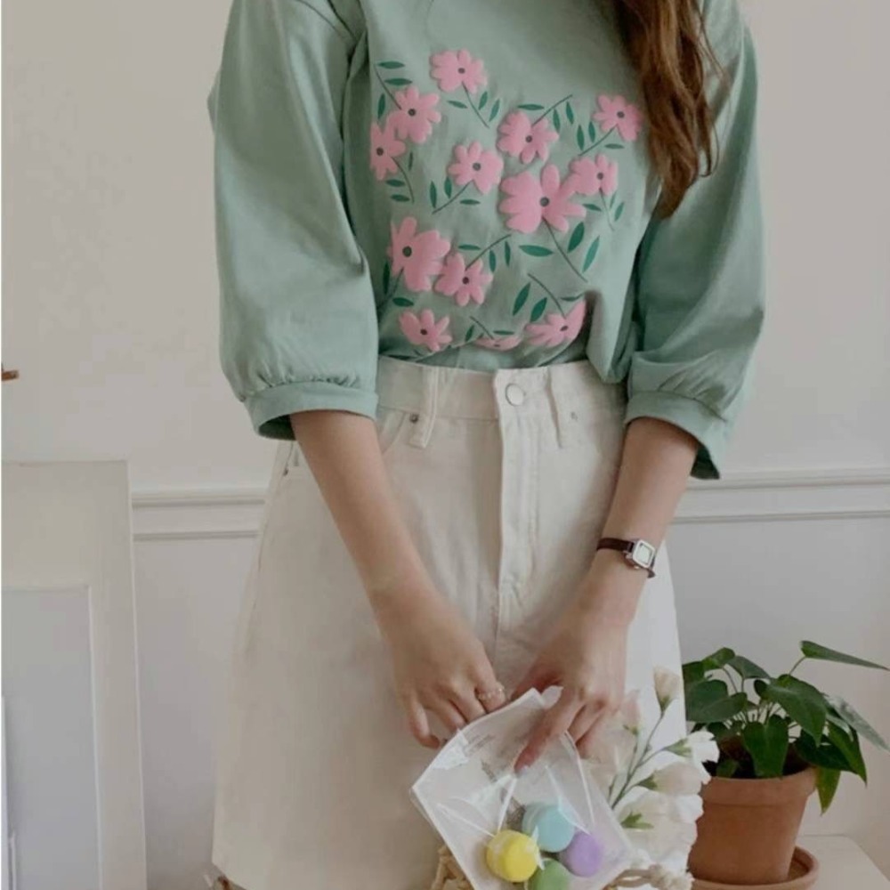 預購 正韓 小花印花五分包袖上衣-06/20截止-細節圖8