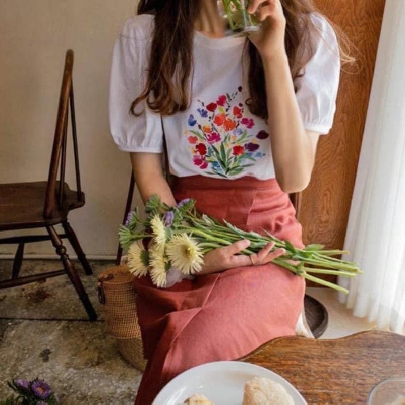 預購 正韓 法式彩色小花朵澎袖薄棉上衣-06/25截止-細節圖4