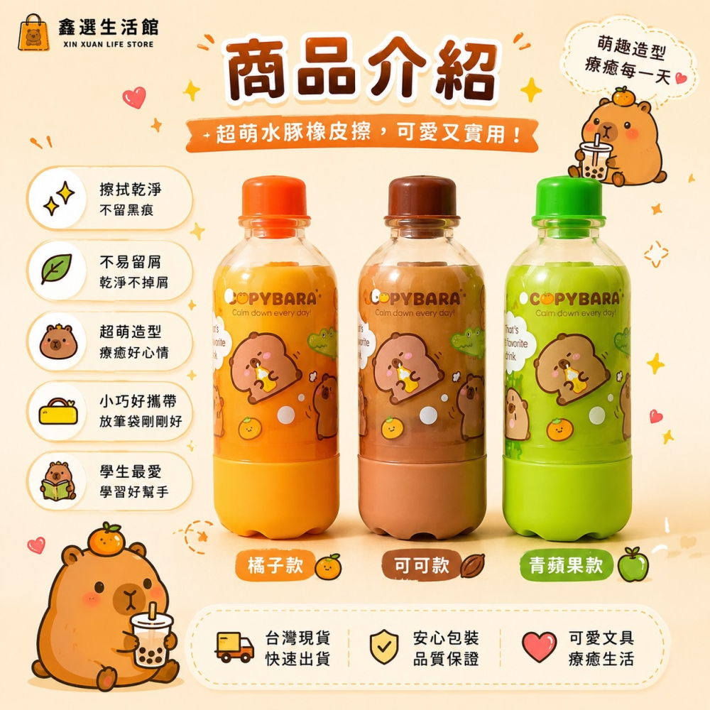水豚飲料橡皮擦｜可愛橡皮擦 文具用品 學生文具 開學用品 筆袋小物 卡皮巴拉橡皮擦 台灣現貨-細節圖2