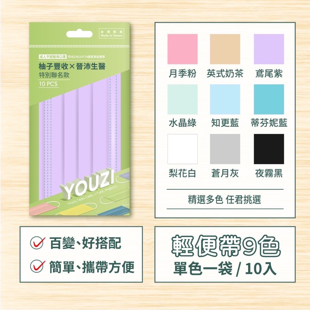 🤘台灣製 柚子豐收x晉沛生醫 特別聯名款色系  成人醫用平面口罩(10入)-細節圖3