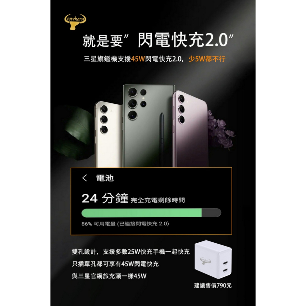 台灣製造🔥 Cowhorn 牛角牌｜45W PD 雙孔 GaN 氮化鎵 快充旅充頭 充電器 充電線 充電頭 雙孔-細節圖4