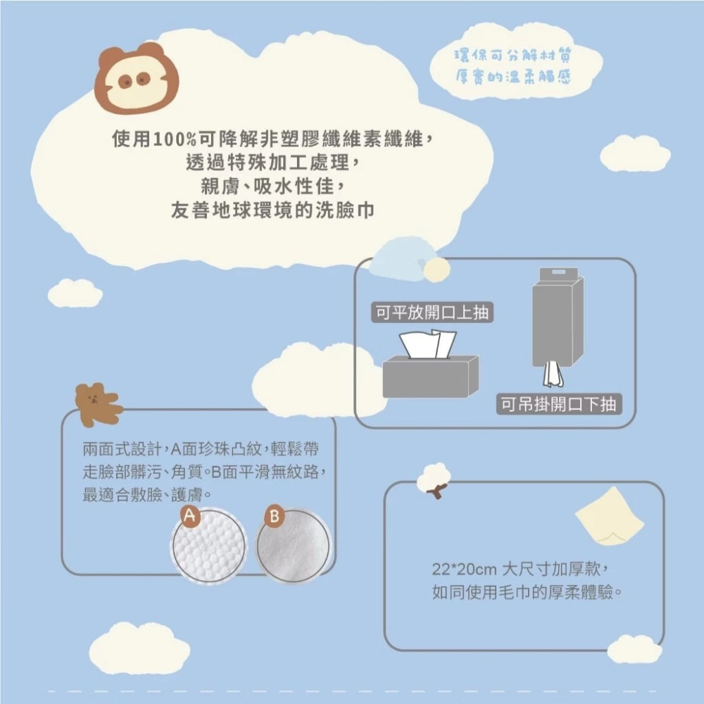 【KesHO】－附發票－布朗尼聯名款 乾濕兩用洗臉巾 70抽-細節圖2