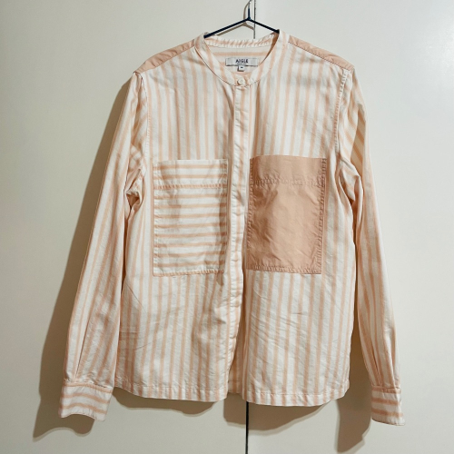AIGLE粉色條紋大口袋厚棉長袖圓領襯衫/二手/38號