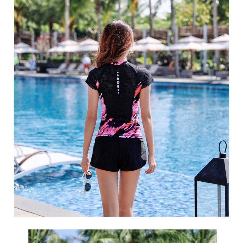 時尚運動風速乾材質/兩件式泳衣/泡溫泉泳衣/學生款游泳課短袖泳衣/加大碼/遮肚寬鬆顯瘦保守分體運動泳衣9902/TS-細節圖3