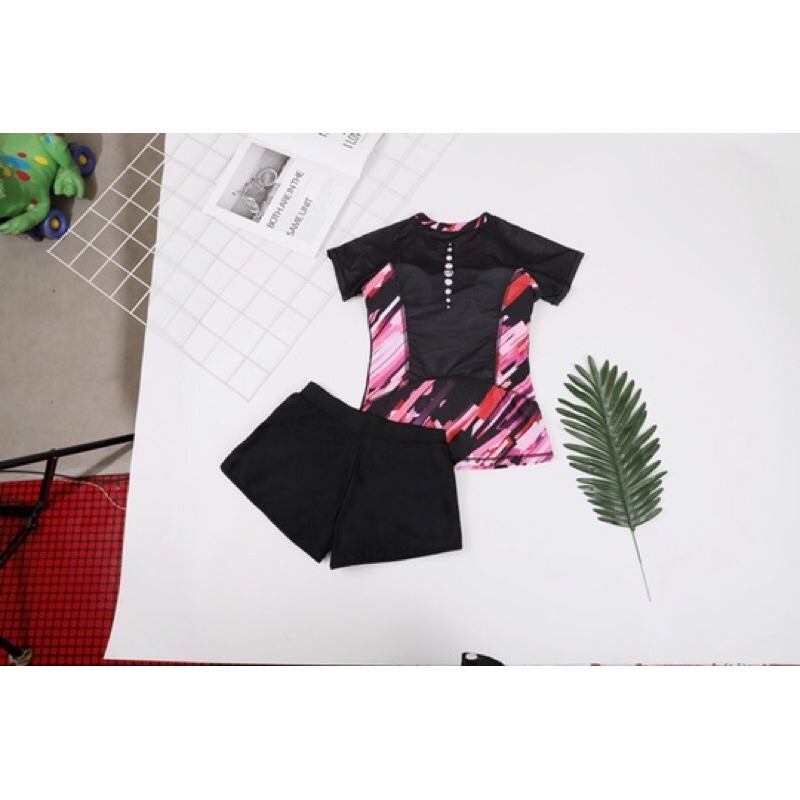 時尚運動風速乾材質/兩件式泳衣/泡溫泉泳衣/學生款游泳課短袖泳衣/加大碼/遮肚寬鬆顯瘦保守分體運動泳衣9902/TS-細節圖4