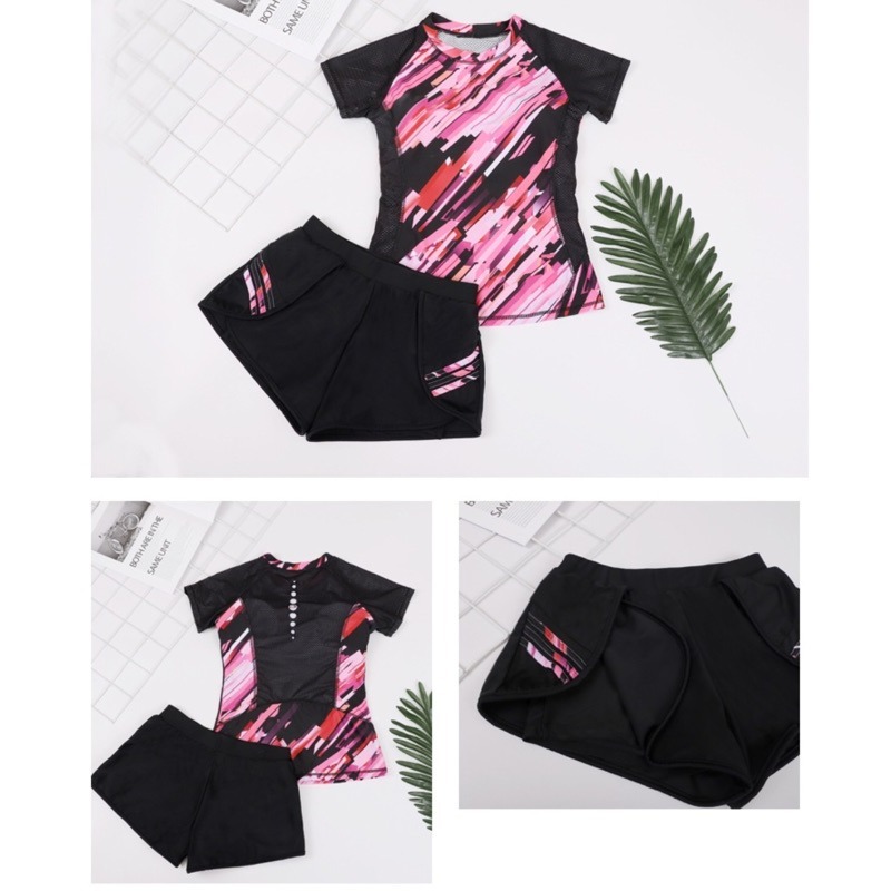 時尚運動風速乾材質/兩件式泳衣/泡溫泉泳衣/學生款游泳課短袖泳衣/加大碼/遮肚寬鬆顯瘦保守分體運動泳衣9902/TS-細節圖5