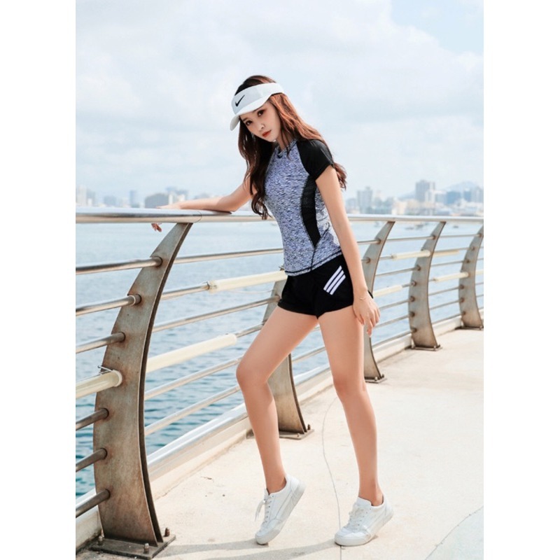 時尚運動風速乾材質/兩件式泳衣/泡溫泉泳衣/學生款游泳課短袖泳衣/加大碼/遮肚寬鬆顯瘦保守分體運動泳衣9902/TS-細節圖7