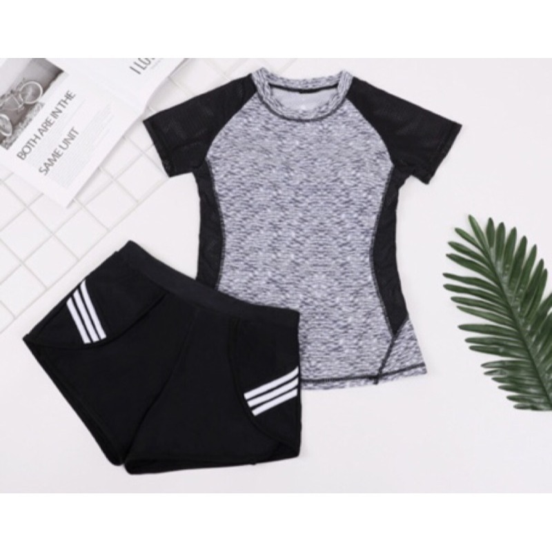 時尚運動風速乾材質/兩件式泳衣/泡溫泉泳衣/學生款游泳課短袖泳衣/加大碼/遮肚寬鬆顯瘦保守分體運動泳衣9902/TS-細節圖9