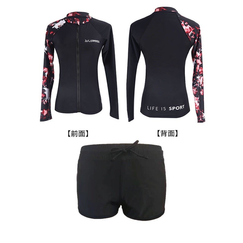 台灣現貨/高端長袖速乾材質/防曬系數50+/水母衣/潛水衣/衝浪衣-紫玉蘭-黑色印花/高端-細節圖6