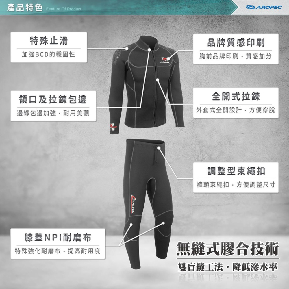 台灣現貨/【AROPEC】 3mm Neoprene 前拉錬式長袖長褲防寒衣 (男款) – 紫玉蘭-細節圖3
