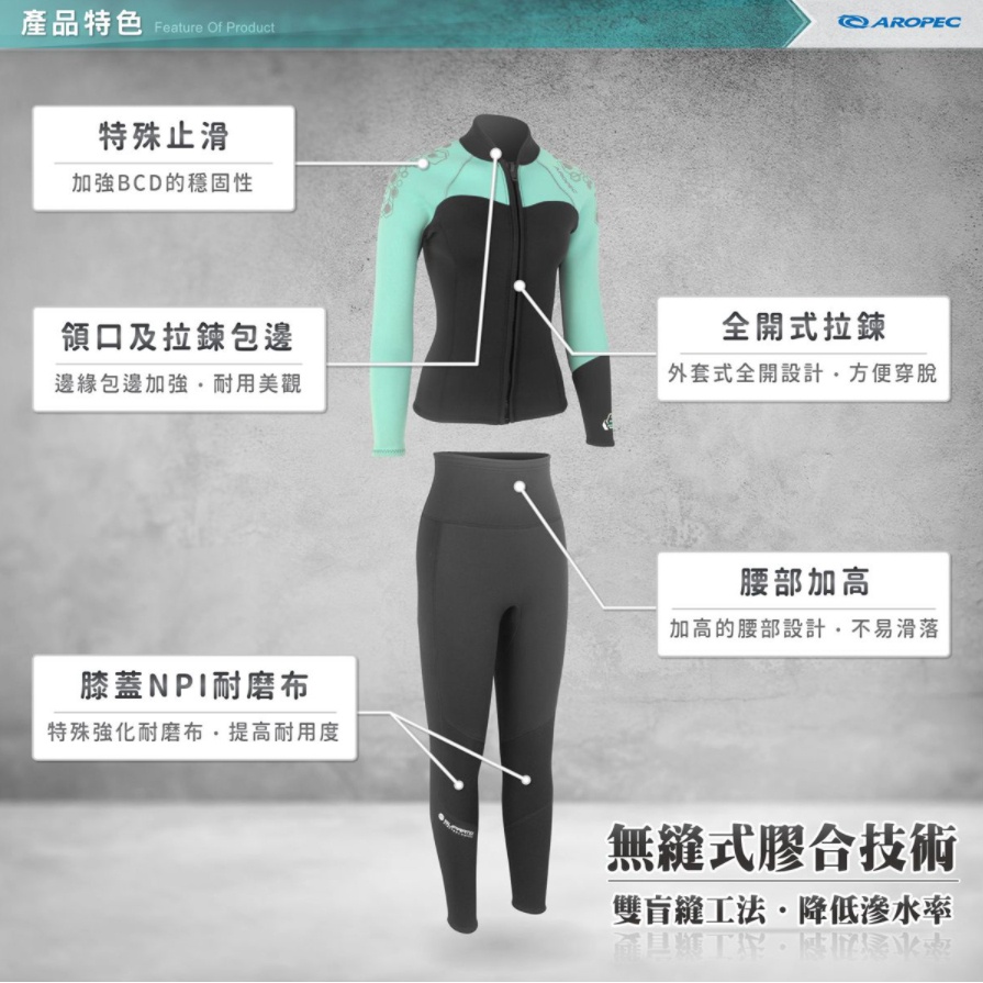 台灣現貨/【AROPEC】3mm Neoprene 前拉錬式2件式防寒衣(女款) – 紫玉蘭-細節圖3