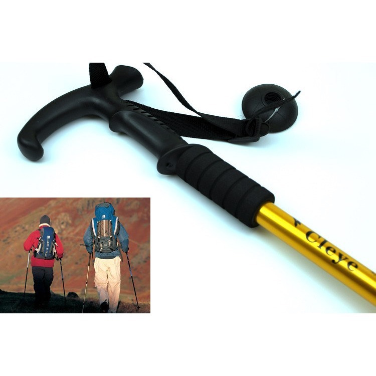 JA航空鋁合金四節彎柄T型柄登山杖避震登山杖 老人拐杖手杖滑雪杖戶外健走杖 避震彈簧T型彎柄鋁合金登山杖四節登山杖-細節圖2