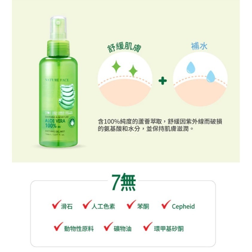 ★JP喵★ 韓國 Nature Face+ 100%蘆薈保濕舒緩噴霧 150ml 保濕 蘆薈噴霧 保濕噴霧-細節圖3