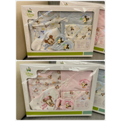 (現貨不用等) 日本迪士尼 米奇米妮 純棉 嬰兒 彌月禮滿月禮 新生兒送禮 帽子圍兜兜 手套衣服 包衣 5件組禮盒
