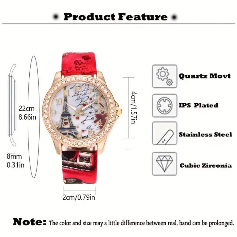 女孩塔圖案水鑽裝飾 PU 錶帶圓形錶盤石英手錶-細節圖4