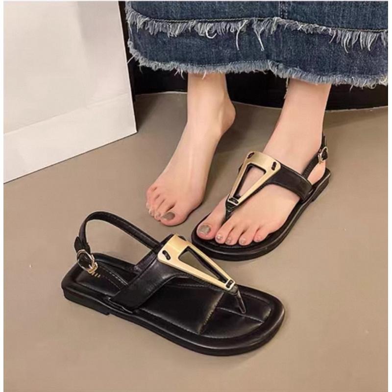 波希米亞風 QQ軟底 金屬三角涼鞋 復古風 微氣墊 韓系 百搭款 簡約夾腳涼鞋 涼拖鞋-細節圖3