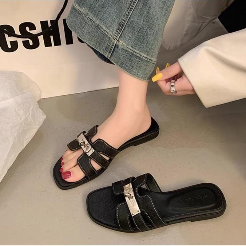 多色可選 質感鎖頭H拖鞋 素面百搭平底拖鞋 外出鞋 韓版 氣質-細節圖2