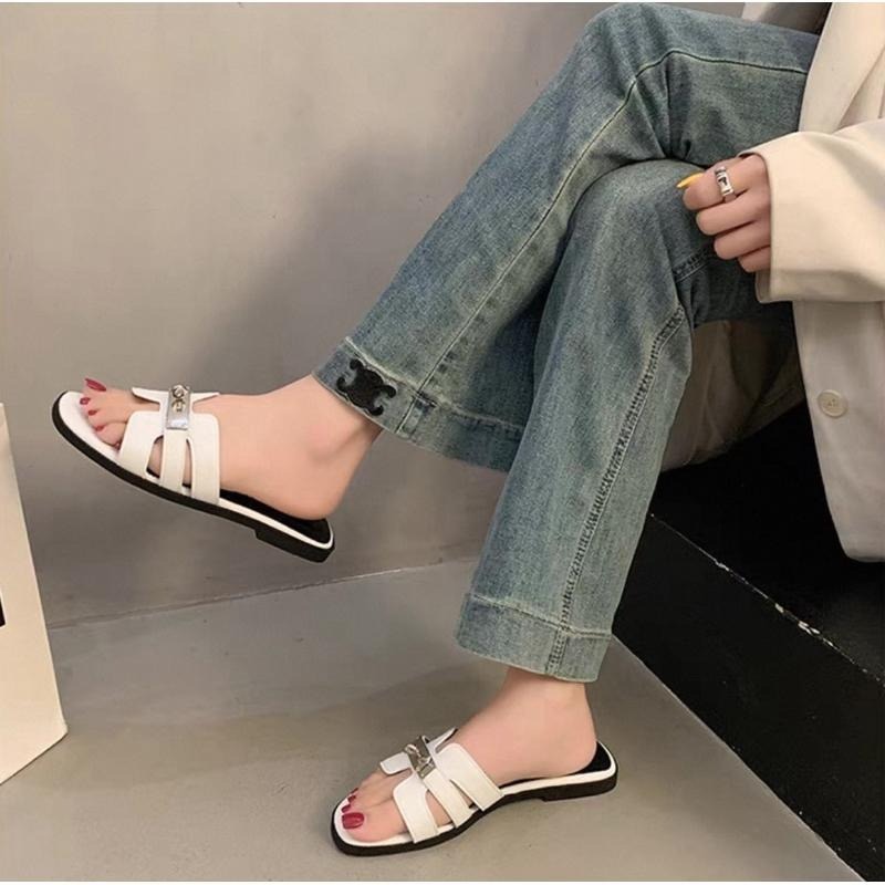 多色可選 質感鎖頭H拖鞋 素面百搭平底拖鞋 外出鞋 韓版 氣質-細節圖3