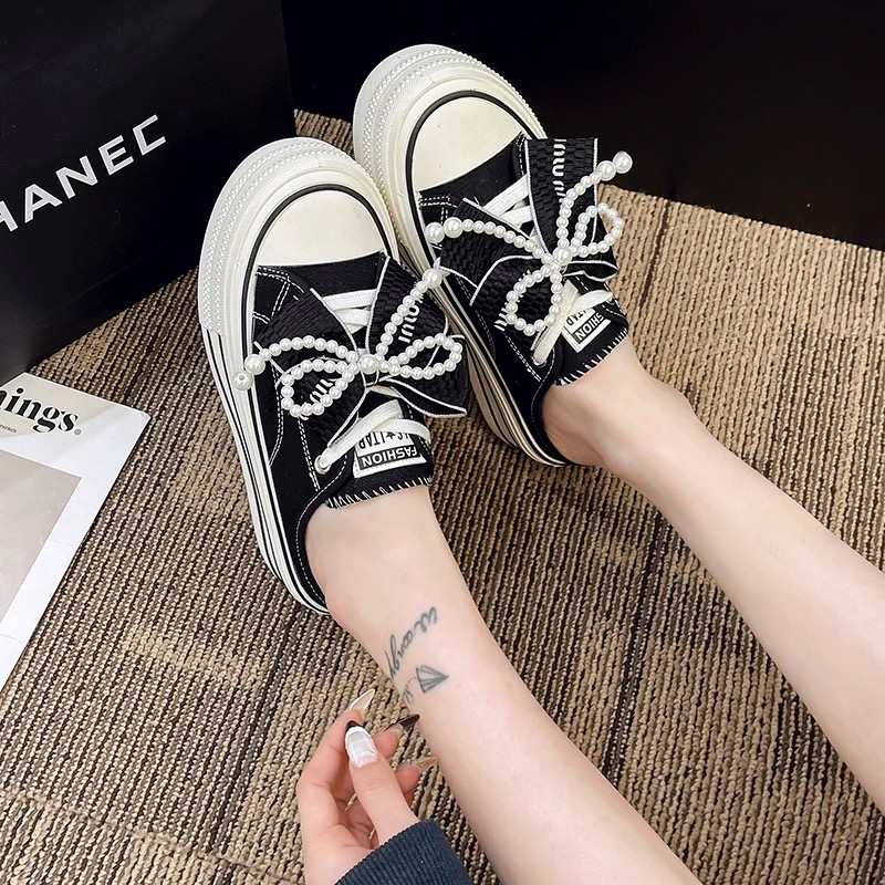 厚底蝴蝶結帆布鞋 珍珠飾釦可拆 鬆糕鞋 半拖鞋 懶人鞋 百搭款 韓版 溶解鞋-細節圖2