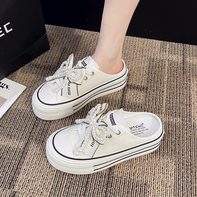 厚底蝴蝶結帆布鞋 珍珠飾釦可拆 鬆糕鞋 半拖鞋 懶人鞋 百搭款 韓版 溶解鞋-細節圖3