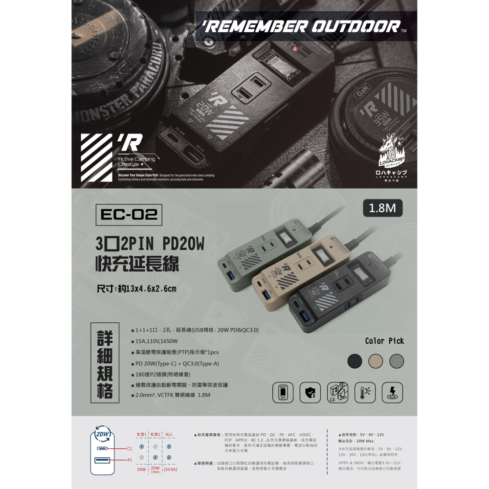 露遊GO~樂活不露REMEMBER OUTDOOR機甲風延長線 EC-02  可插Type-C 萬用延長線 高溫斷電裝置-細節圖2