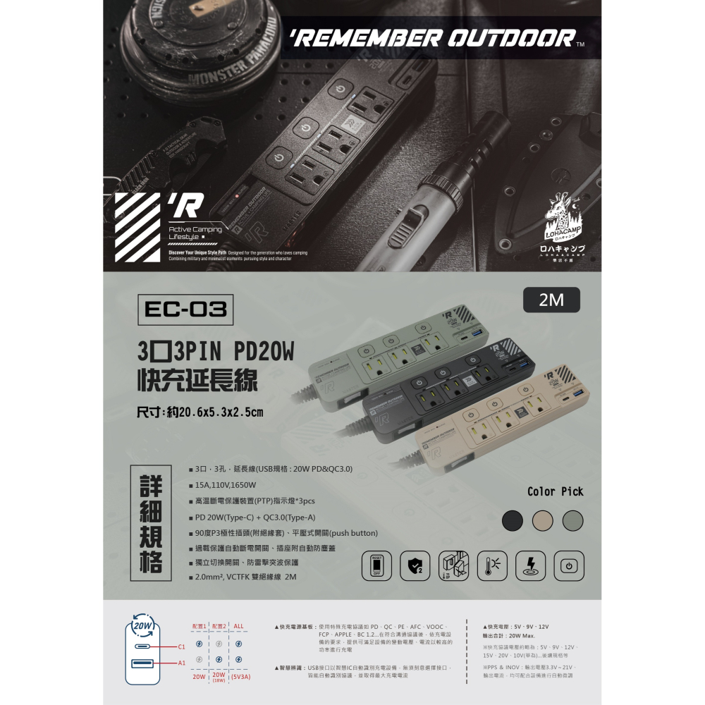 露遊GO~樂活不露REMEMBER OUTDOOR機甲風延長線 EC-03  可插Type-C 萬用延長線 高溫斷電裝置-細節圖2