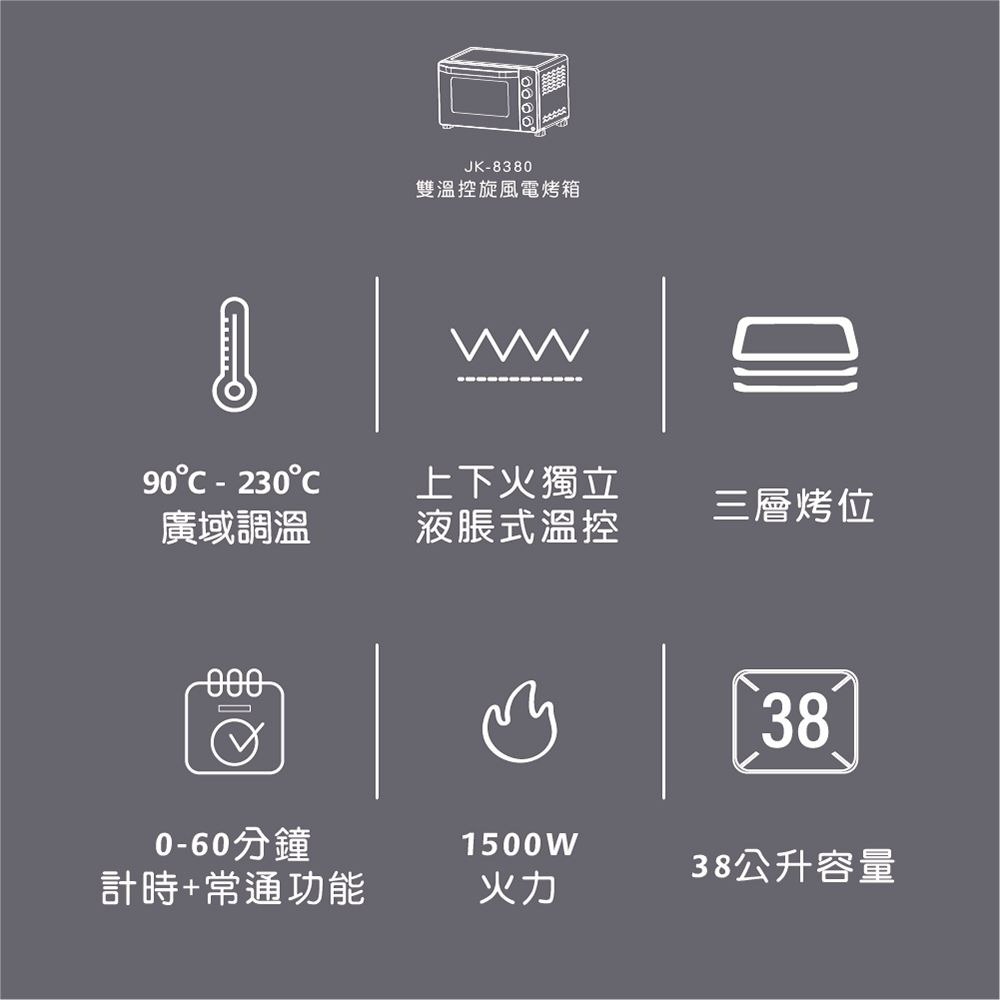 【晶工牌 JINKON】38L雙溫控旋風電烤箱 JK-8380-細節圖3
