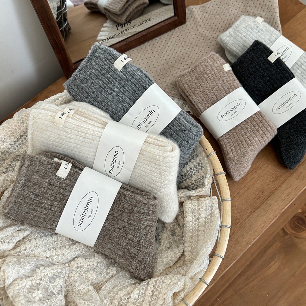 秋冬羊毛坑條布標百搭中筒襪-細節圖3