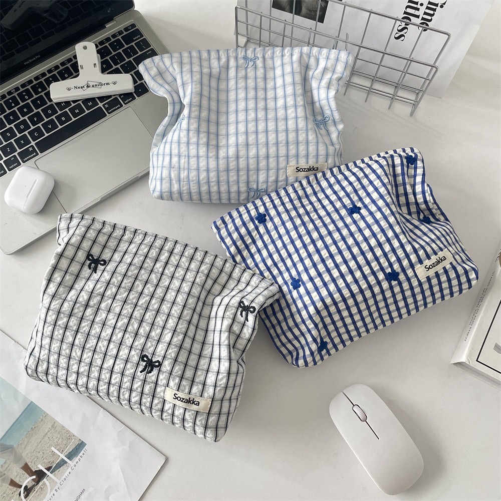 格紋藍色系刺繡小花蝴蝶結化妝包5款-細節圖4