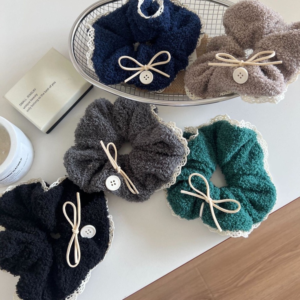 毛茸茸蝴蝶結鈕扣蕾絲花邊大腸圈 5款-細節圖2