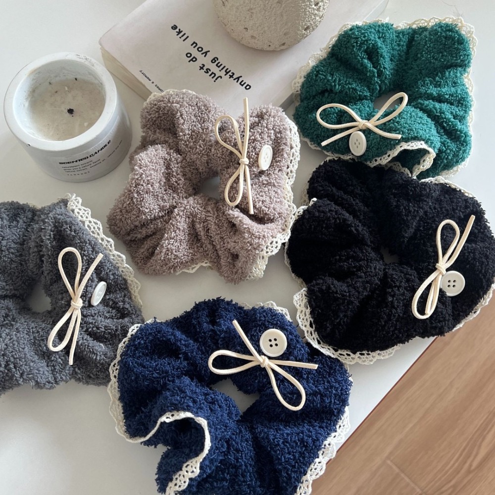 毛茸茸蝴蝶結鈕扣蕾絲花邊大腸圈 5款-細節圖3