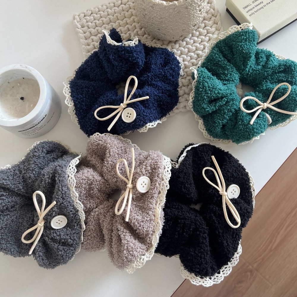 毛茸茸蝴蝶結鈕扣蕾絲花邊大腸圈 5款-細節圖5